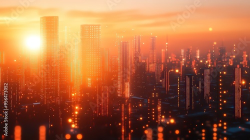 Skyscrapers in a megapolis city during sunset, bathed in a warm orange glow