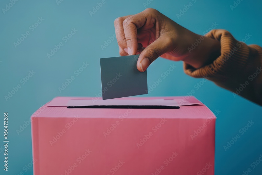 A person is putting a card into a pink box A person is putting a card into a pink box