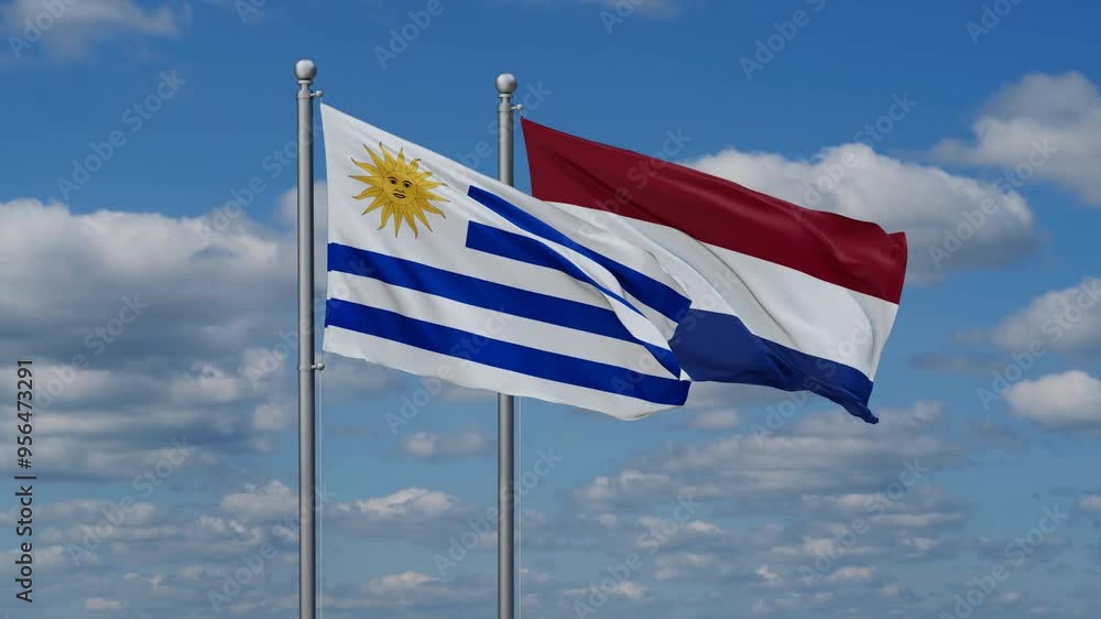 Netherlands and Uruguay flags flying together, video concept of the relationship, two country relations concept Netherlands and Uruguay flags flying together, video concept of the relationship, two country relations concept