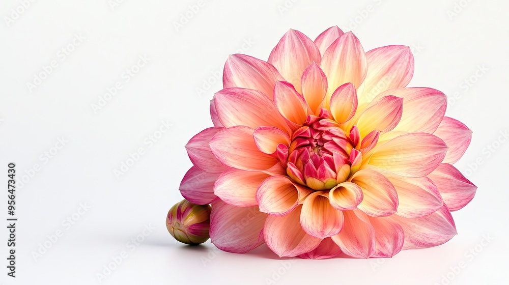 A delicate pink and yellow dahlia flower lies on a white background. A delicate pink and yellow dahlia flower lies on a white background.