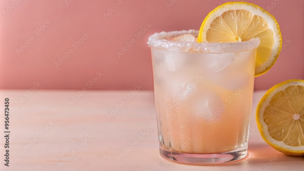 Refreshing Lemonade with Lemon Slices and Ice in a Glass on a Pink Background Refreshing Lemonade with Lemon Slices and Ice in a Glass on a Pink Background