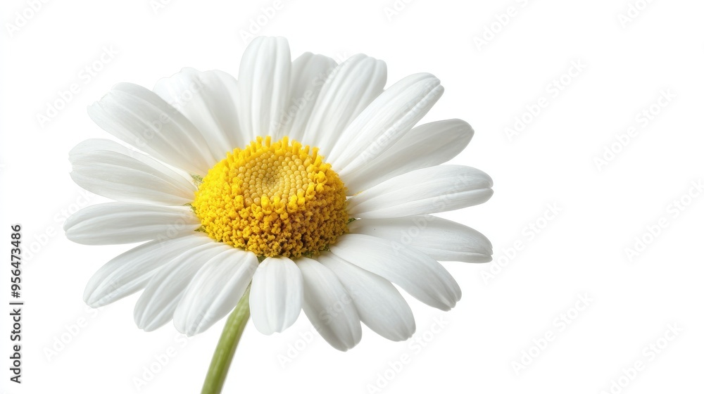 Fototapeta premium A single white daisy with a yellow center, isolated on a white background.