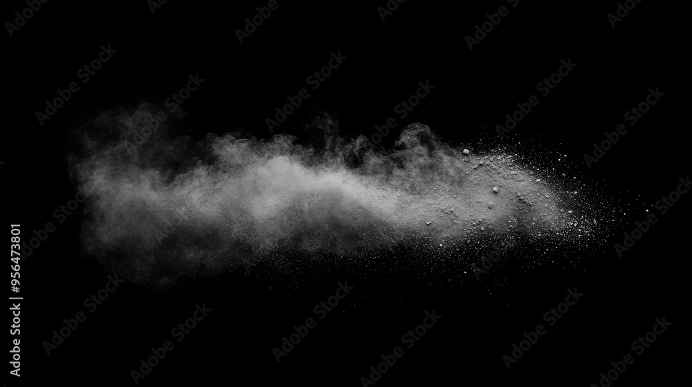 A cloud of white powder explodes against a black background, creating a dramatic and abstract effect. A cloud of white powder explodes against a black background, creating a dramatic and abstract effect.