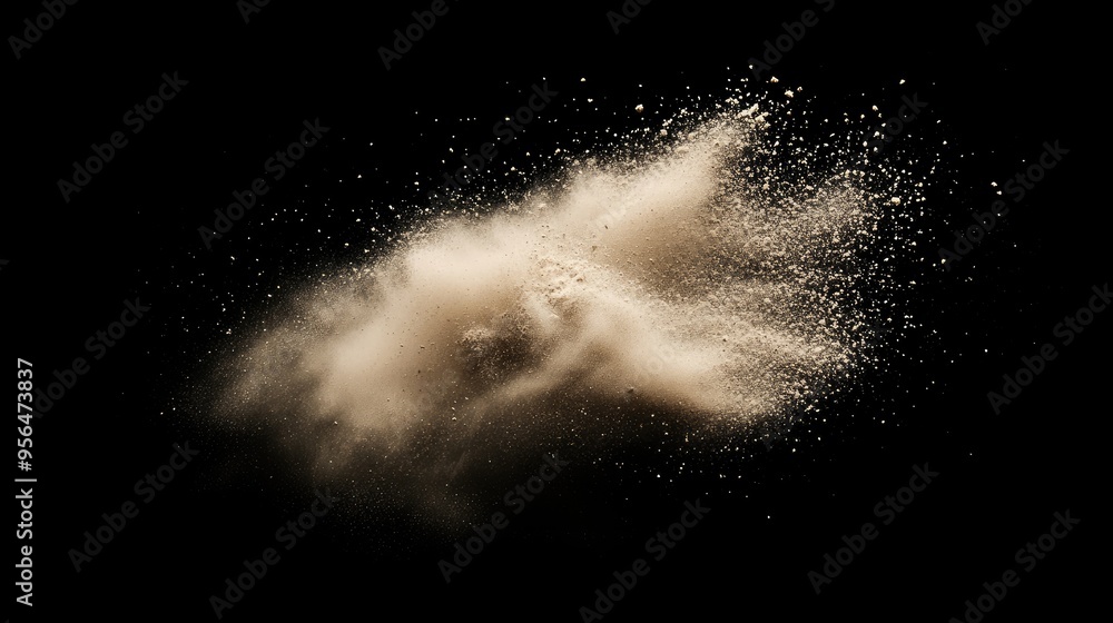 A cloud of golden dust explodes against a black background. The dust is illuminated by a light source, creating a dramatic and ethereal effect. A cloud of golden dust explodes against a black background. The dust is illuminated by a light source, creating a dramatic and ethereal effect.