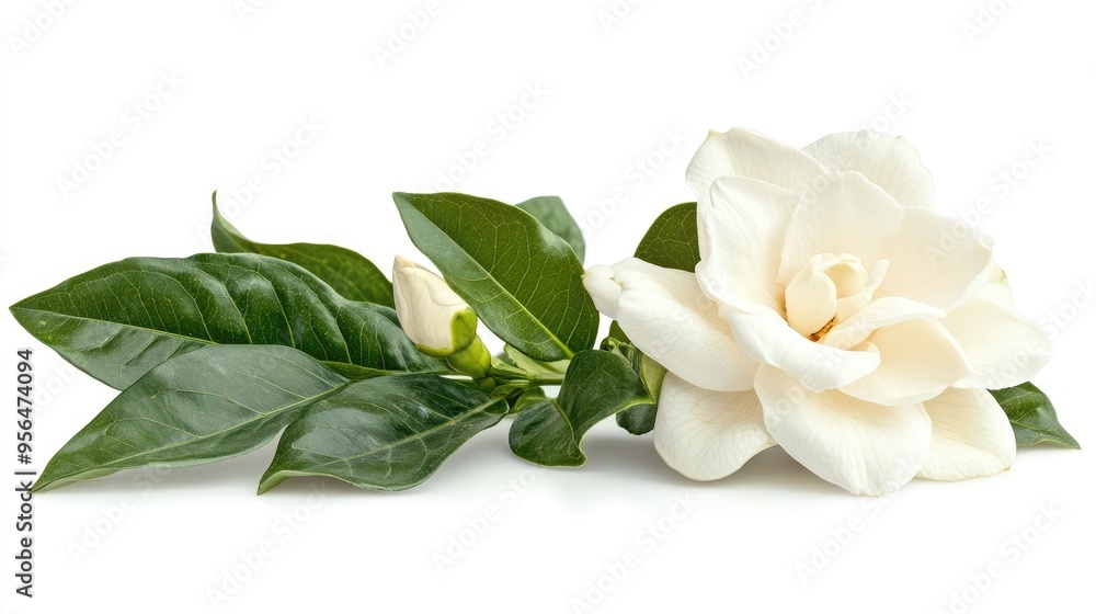 A delicate white gardenia flower with a closed bud and green leaves, isolated on a white background. A delicate white gardenia flower with a closed bud and green leaves, isolated on a white background.