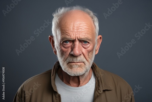 Gray background sad european white man grandfather realistic person portrait older person beautiful bad mood old man Isolated on Background  photo