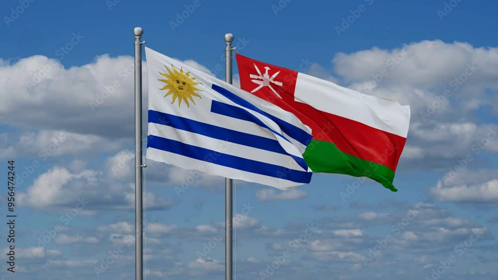 Oman and Uruguay flags flying together, video concept of the relationship, two country cooperation concept Oman and Uruguay flags flying together, video concept of the relationship, two country cooperation concept