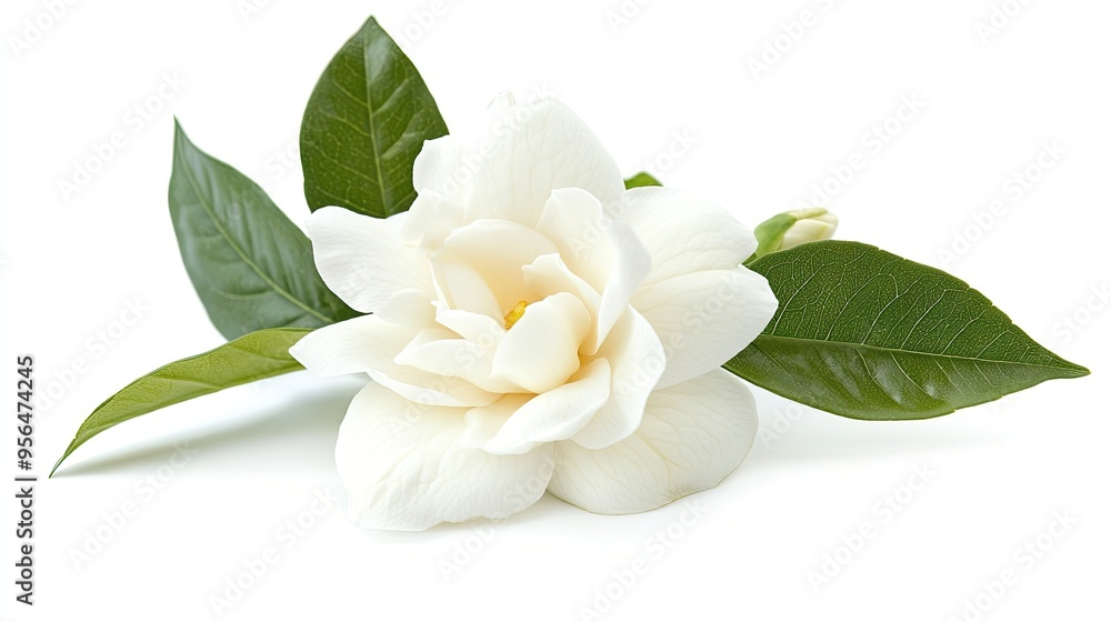 A single white gardenia flower with green leaves, isolated on a white background. The flower is in full bloom, with its petals open wide. A single white gardenia flower with green leaves, isolated on a white background. The flower is in full bloom, with its petals open wide.