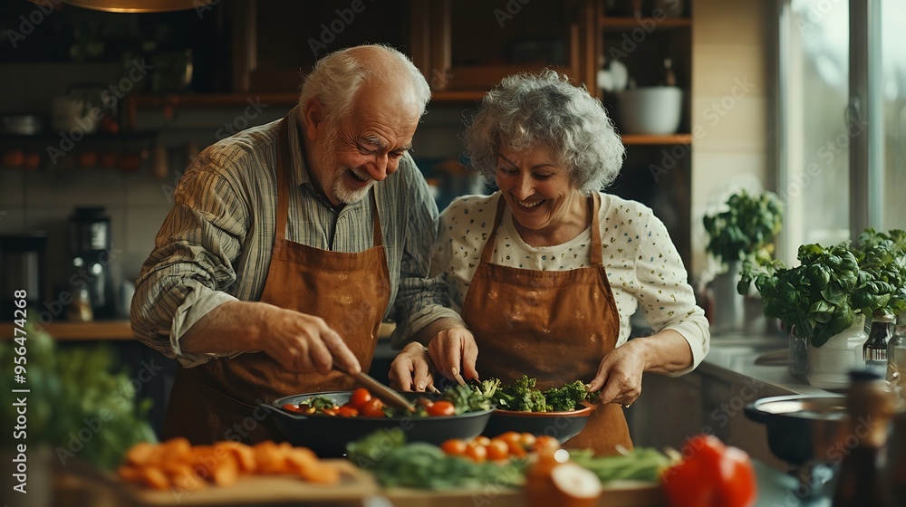 Senior couple cooking and having fun while preparing a healthy food with vegetables for a vegan meal in the kitchen at home while laughing and having fun Funny old man and woman helpin : Generative AI Senior couple cooking and having fun while preparing a healthy food with vegetables for a vegan meal in the kitchen at home while laughing and having fun Funny old man and woman helpin : Generative AI