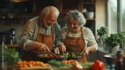 Senior couple cooking and having fun while preparing a healthy food with vegetables for a vegan meal in the kitchen at home while laughing and having fun Funny old man and woman helpin : Generative AI