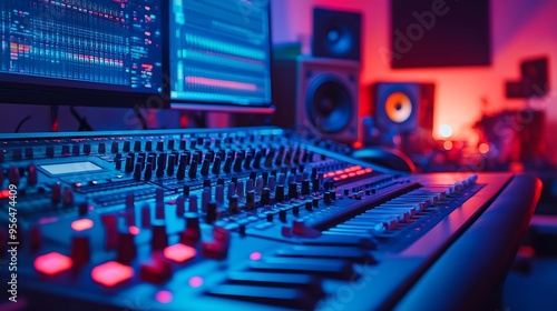 Empty studio at home equipped with mixing soundboard panel and other musical instruments music industry recording Modern space with electronic controls and daw software on pc Camera A : Generative AI