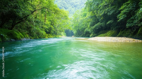 a flowing river with crystal clear water, surrounded by dense greenery, a refreshing and vibrant scene