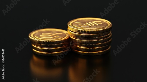 Wallpaper Mural A close-up of a stack of gold coins on a black background. The coins are shiny and reflect the light, creating a beautiful and luxurious image. Torontodigital.ca