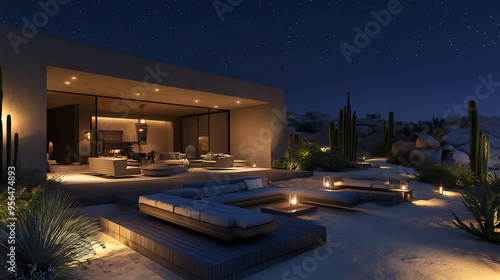 Modern desert villa with luxurious outdoor lounge and elegant lighting at night