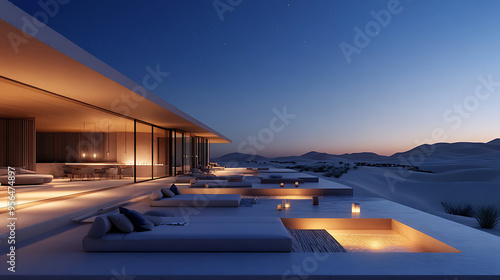 Wallpaper Mural Desert villa featuring soft seating and tranquil dunes under night sky Torontodigital.ca