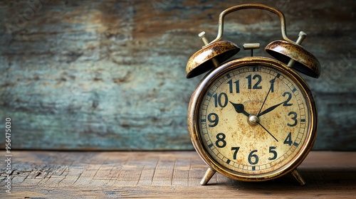 Vintage alarm clock with faded gold finish on a rustic wood background.