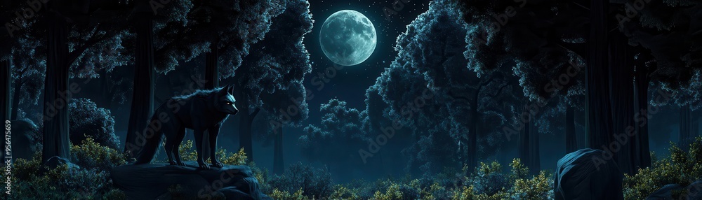 Dark forest with a werewolf and full moonlight, flat design, top view, phantom night theme, 3D render, Triadic Color Scheme Dark forest with a werewolf and full moonlight, flat design, top view, phantom night theme, 3D render, Triadic Color Scheme