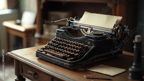 Vintage typewriter on a wooden desk, ready for writing.