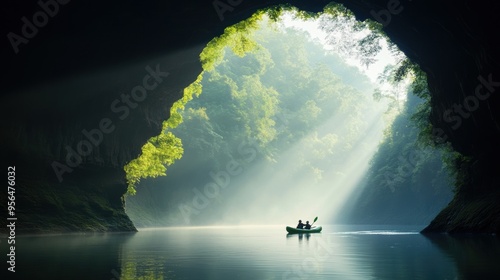 a group of adventurers paddling through a hidden cave on a tranquil river, the light filtering through the cave opening, highlighting mystery and excitement of discovering a secluded natural wonder