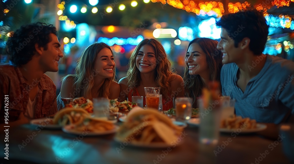 group of friends dining tacos at night in a street business : Generative AI group of friends dining tacos at night in a street business : Generative AI