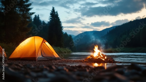 a group of friends camping by a riverside, with tents set up and a campfire burning as they share stories and laughter under the stars