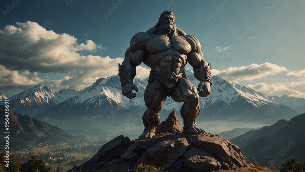 A statue of a Titan standing between the earth, holding a massive boulder, with a majestic mountain range as the backdrop. A statue of a Titan standing between the earth, holding a massive boulder, with a majestic mountain range as the backdrop.