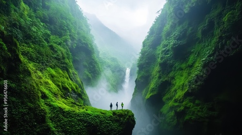 a group of friends exploring a hidden waterfall deep in the mountains, surrounded by lush vegetation and mist, a scene of natural beauty and adventure