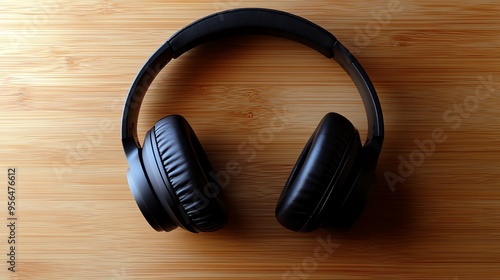 Black headphones on a wooden table.