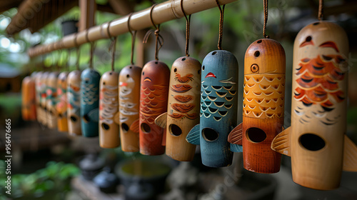 a row of colorful fish-shaped wind chimes hanging from a wooden pole. photo