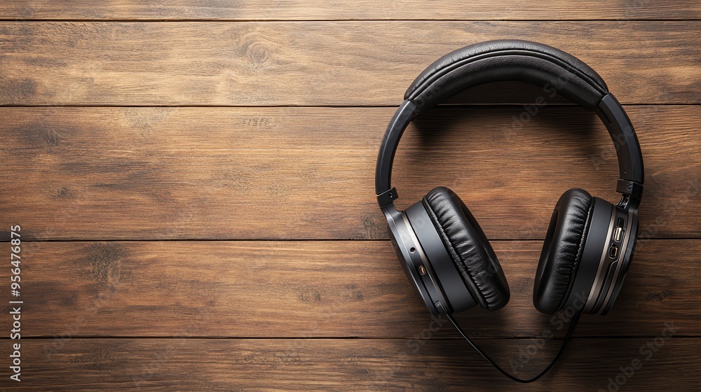 A pair of black headphones on a wooden surface. A pair of black headphones on a wooden surface.