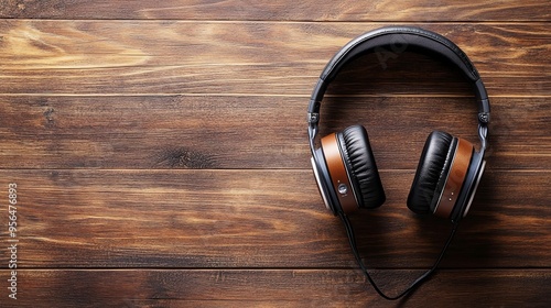 Black over-ear headphones with brown accents laying on a wooden surface.