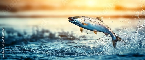 Salmon leaping out of the water with splashing water. photo