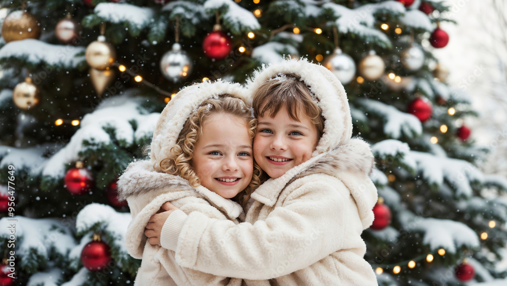 Two Happy Children in Winter Coats Hugging by a Decorated Christmas Tree Two Happy Children in Winter Coats Hugging by a Decorated Christmas Tree