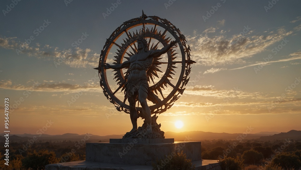 A statue of Helios standing in a sunrise wilderness, holding the sun wheel, with the morning horizon ablaze as the backdrop. A statue of Helios standing in a sunrise wilderness, holding the sun wheel, with the morning horizon ablaze as the backdrop.