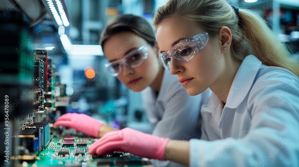 Two female engineers working with computer chips in electronics lab : Generative AI Two female engineers working with computer chips in electronics lab : Generative AI