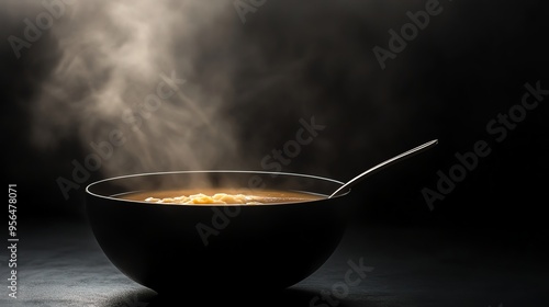 A bowl of steaming soup with a spoon on a black background.