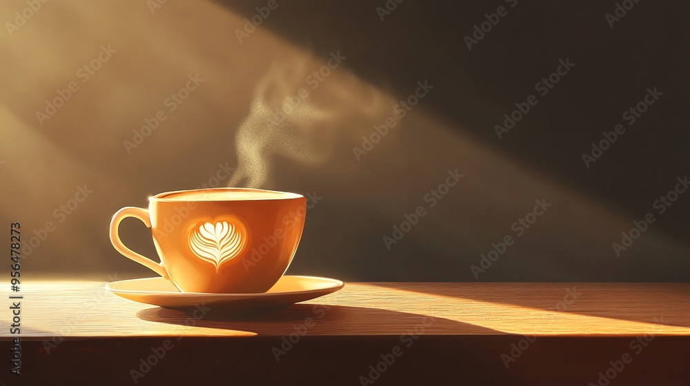 A cup of coffee with a heart design in the foam, sitting on a wooden table in the sunlight. A cup of coffee with a heart design in the foam, sitting on a wooden table in the sunlight.