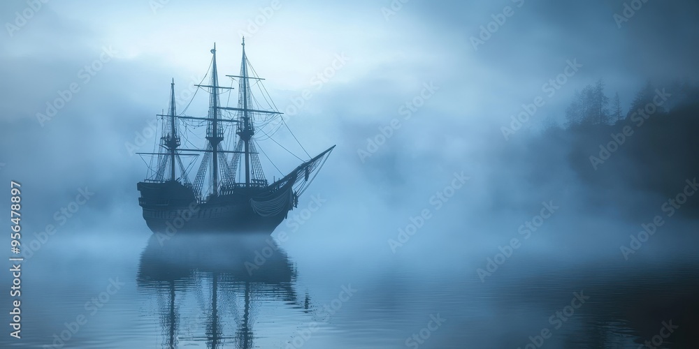 Fototapeta premium A ghost ship drifting in the fog 
