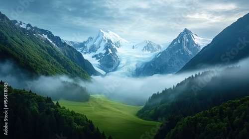 a majestic glacier slowly advancing through a valley, with crisp, icy details and the surrounding mountains shrouded in mist, an epic and dramatic natural landscape