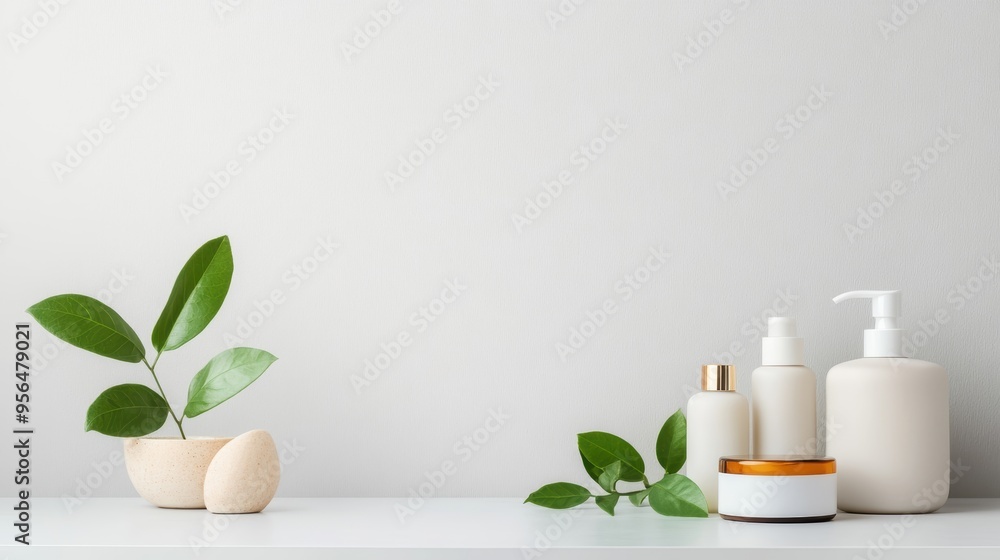 a minimalist bathroom counter with a selection of plant-based skincare products, such as oils, creams, and serums, arranged aesthetically alongside fresh leaves and herbs a minimalist bathroom counter with a selection of plant-based skincare products, such as oils, creams, and serums, arranged aesthetically alongside fresh leaves and herbs