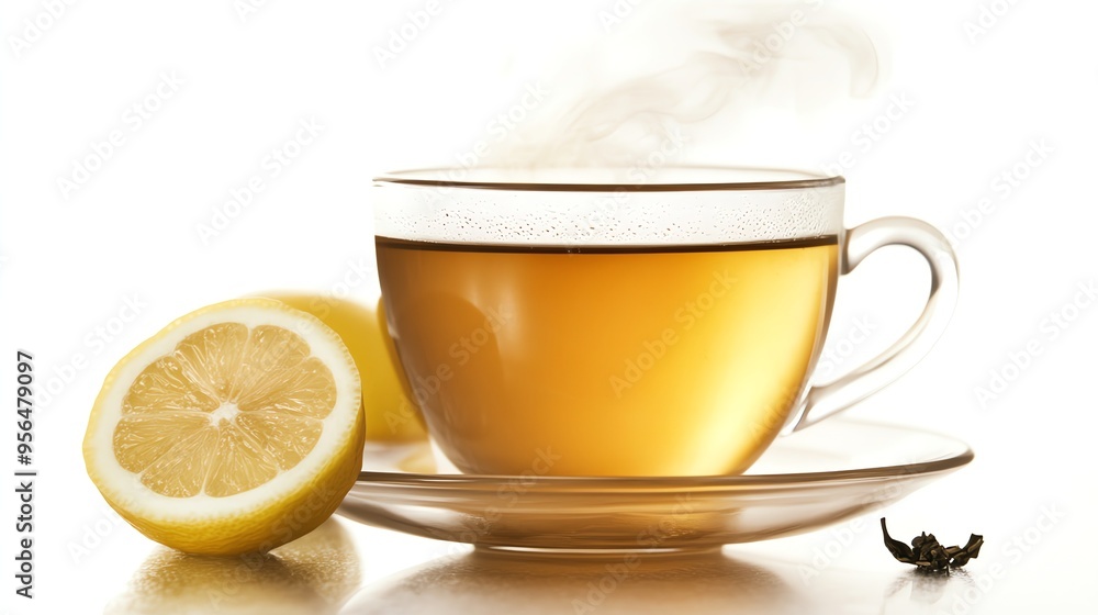 A cup of hot tea with a lemon wedge on a white background.
