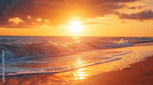 Sunset or sunrise sky Clouds over water Golden Dawn Dramatic coast nature background Beautiful sea beach at sunset Morning shoreline sunlight : Generative AI