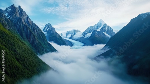 a majestic glacier slowly advancing through a valley, with crisp, icy details and the surrounding mountains shrouded in mist, an epic and dramatic natural landscape