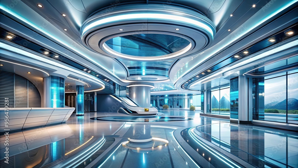 Futuristic travel center with sleek design and advanced technology Futuristic travel center with sleek design and advanced technology