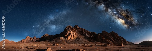 A mesmerizing desert landscape under a starry night sky, featuring rocky hills and the Milky Way galaxy, creating a magical scene of the universe.