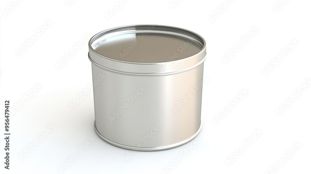 Silver Metal Tin Can: Shiny Isolated Can with Lid on a White Background, Often Used for Food or Chemical Packaging Silver Metal Tin Can: Shiny Isolated Can with Lid on a White Background, Often Used for Food or Chemical Packaging