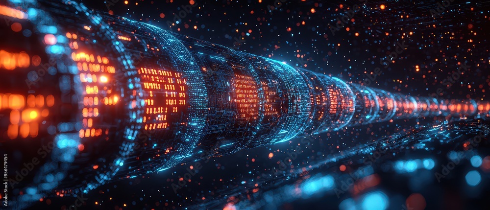 A digital representation of an advanced data cable system, with glowing ...