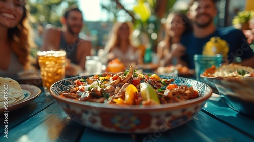 unrecognizable group of friends eating mexican food in a restaurant Delicious fajitas Lifestyle outdoors : Generative AI