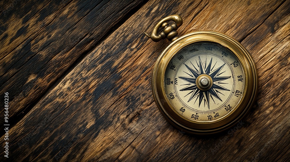 An antique compass on a rustic wooden surface. An antique compass on a rustic wooden surface.