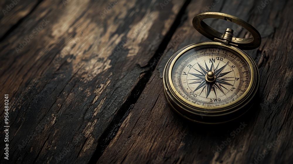 Antique compass on a rustic wooden surface. Antique compass on a rustic wooden surface.